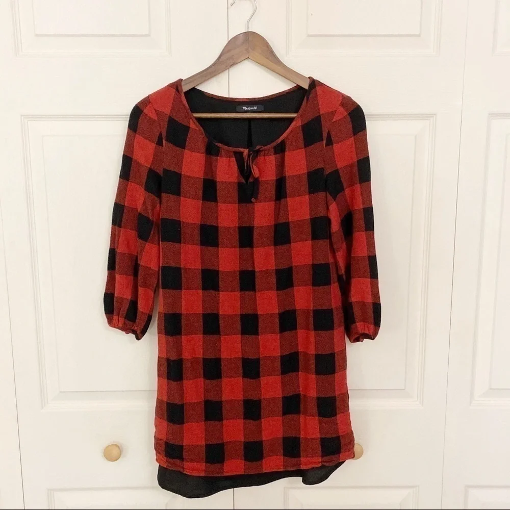 Madewell Buffalo Plaid Red & Black Wool Blend Tie Tunic Dress